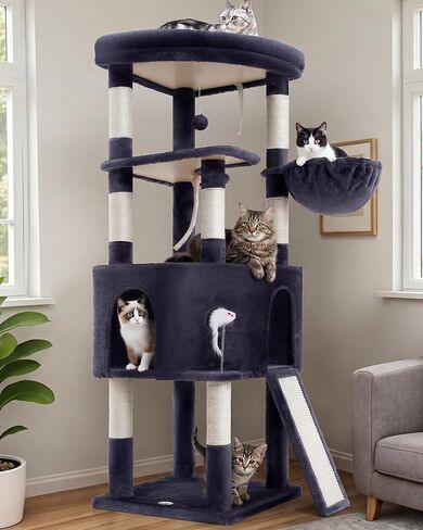 Cat Tree, 61 Inch Tall Cat Tower, Diamond-Shaped Cat Condo with Wide Top Perch & Basket, Sturdy Scratching Post, Interactive Toy for Large Indoor Cats, Light Gray VCT001W in Kuwait