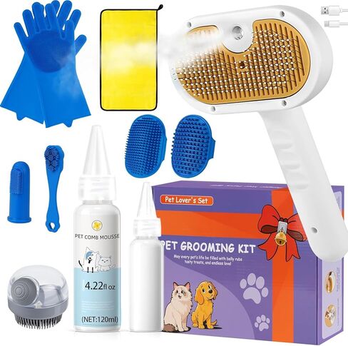 Pet Steam Brush for Dog & Cat - 3-in-1 Steam Grooming Brush for Shedding & Hair Removal - Self Cleaning Spray Comb with Mist for Long Haired Pets, Blue(waterless shampoo not include) in Kuwait