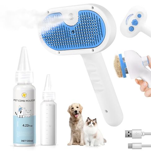Pet Steam Brush for Dog & Cat - 3-in-1 Steam Grooming Brush for Shedding & Hair Removal - Self Cleaning Spray Comb with Mist for Long Haired Pets, Blue(waterless shampoo not include) in Kuwait