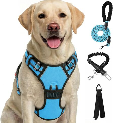 FURRYFECTION Plaid Dog Harness for Large Dogs, Reflective No Pull Adjustable Pet Vest with Front Clip, Leash, Easy Control Handle and Seat Belt, Blue, L in Kuwait