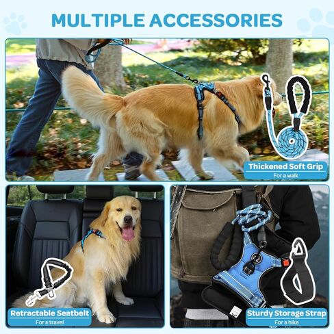 FURRYFECTION Plaid Dog Harness for Large Dogs, Reflective No Pull Adjustable Pet Vest with Front Clip, Leash, Easy Control Handle and Seat Belt, Blue, L in Kuwait