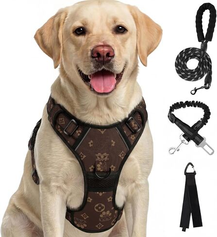 FURRYFECTION Plaid Dog Harness for Large Dogs, Reflective No Pull Adjustable Pet Vest with Front Clip, Leash, Easy Control Handle and Seat Belt, Blue, L in Kuwait