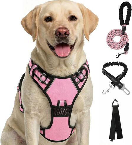 FURRYFECTION Plaid Dog Harness for Large Dogs, Reflective No Pull Adjustable Pet Vest with Front Clip, Leash, Easy Control Handle and Seat Belt, Blue, L in Kuwait
