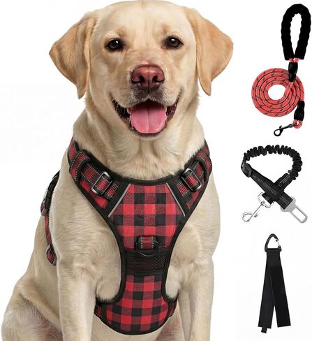FURRYFECTION Plaid Dog Harness for Large Dogs, Reflective No Pull Adjustable Pet Vest with Front Clip, Leash, Easy Control Handle and Seat Belt, Blue, L in Kuwait