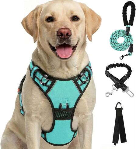 FURRYFECTION Plaid Dog Harness for Large Dogs, Reflective No Pull Adjustable Pet Vest with Front Clip, Leash, Easy Control Handle and Seat Belt, Blue, L in Kuwait