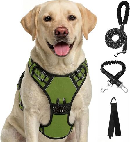 FURRYFECTION Plaid Dog Harness for Large Dogs, Reflective No Pull Adjustable Pet Vest with Front Clip, Leash, Easy Control Handle and Seat Belt, Blue, L in Kuwait