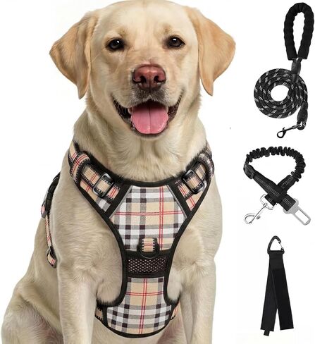 FURRYFECTION Plaid Dog Harness for Large Dogs, Reflective No Pull Adjustable Pet Vest with Front Clip, Leash, Easy Control Handle and Seat Belt, Blue, L in Kuwait