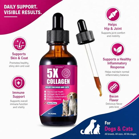 5X Collagen Liquid Drops for Dogs and Cats, Skin & Coat, Hip & Joint Support, with MSM, Biotin and Hyaluronic Acid, Bacon Flavor, 2 fl oz in Kuwait