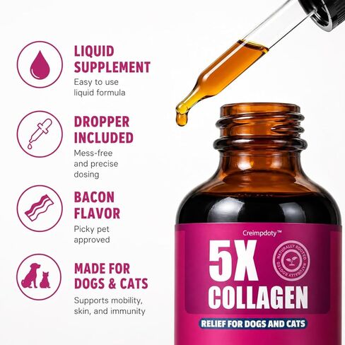 5X Collagen Liquid Drops for Dogs and Cats, Skin & Coat, Hip & Joint Support, with MSM, Biotin and Hyaluronic Acid, Bacon Flavor, 2 fl oz in Kuwait