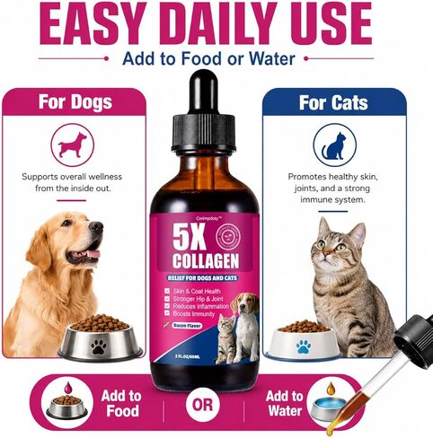 5X Collagen Liquid Drops for Dogs and Cats, Skin & Coat, Hip & Joint Support, with MSM, Biotin and Hyaluronic Acid, Bacon Flavor, 2 fl oz in Kuwait