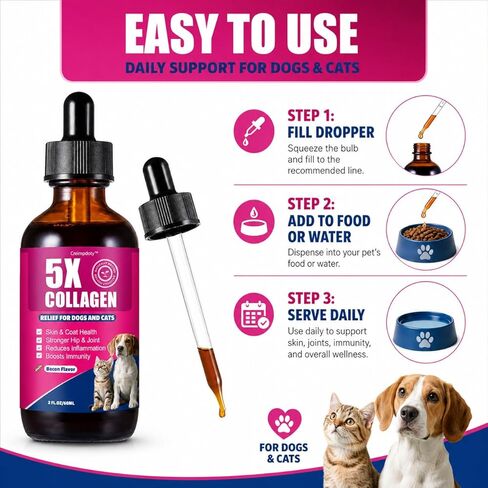 5X Collagen Liquid Drops for Dogs and Cats, Skin & Coat, Hip & Joint Support, with MSM, Biotin and Hyaluronic Acid, Bacon Flavor, 2 fl oz in Kuwait