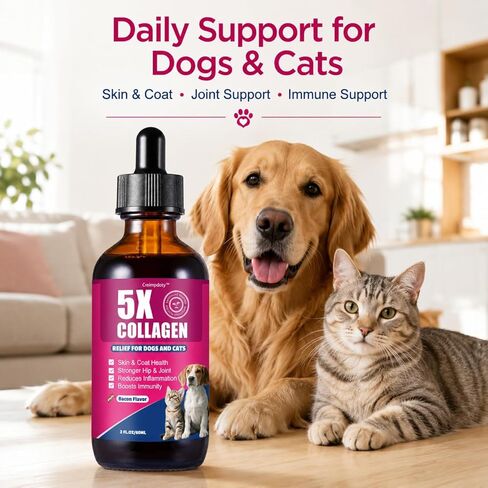 5X Collagen Liquid Drops for Dogs and Cats, Skin & Coat, Hip & Joint Support, with MSM, Biotin and Hyaluronic Acid, Bacon Flavor, 2 fl oz in Kuwait