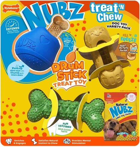 Nylabone NUBZ مجموعة متنوعة من ألعاب الكلاب تريت آند تشيو، مطاط طبيعي، 3 قطع، مضغ متوسط، تنظيف الأسنان in Kuwait