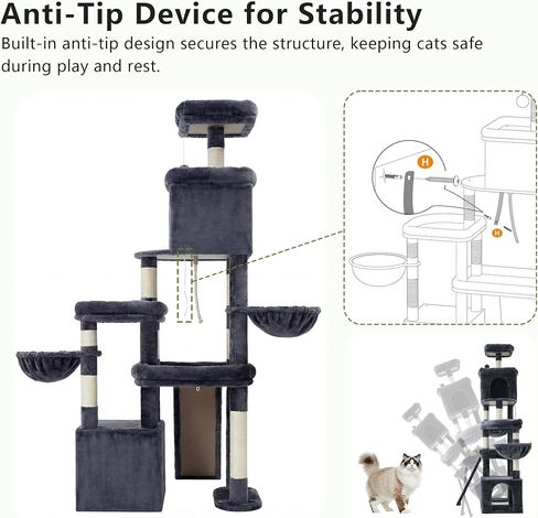 Heybly Cat Tree, 72.4-Inch Anti-Tip Cat Tower for Large Cats, All-in-One Cat Furniture with Spacious Perches, Multiple Interactive Areas, Extra-Large Sisal Scratching Board, Smoky Gray HCT060G in Saudi Arabia