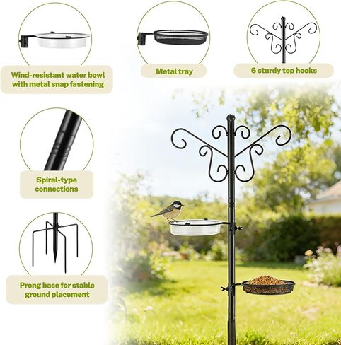 Bird Feeding Station,Heavy Duty Bird Feeder Pole with Upgraded Thickened Pole & 5-Prong Base,Hanging Hooks,Mesh Tray,Water Bowl w/Metal Snap Fastening,Wind-Resistant Wild Bird Feeding Kit for Outdoors in Kuwait