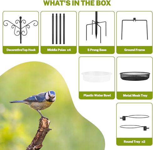 Bird Feeding Station,Heavy Duty Bird Feeder Pole with Upgraded Thickened Pole & 5-Prong Base,Hanging Hooks,Mesh Tray,Water Bowl w/Metal Snap Fastening,Wind-Resistant Wild Bird Feeding Kit for Outdoors in Kuwait