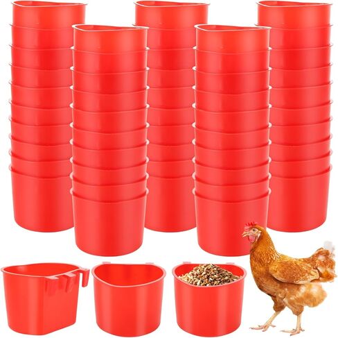 100 PCS Chicken Water Cups, 8 oz Cage Cups Chicken Feeder Birds Hanging Feeders Seed Bowl Plastic Water Bowl Hanging Feeding Watering Dish Coop Cups for Parrot Parakeet Poultry, Red in Kuwait