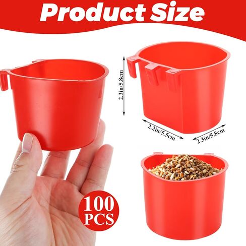 100 PCS Chicken Water Cups, 8 oz Cage Cups Chicken Feeder Birds Hanging Feeders Seed Bowl Plastic Water Bowl Hanging Feeding Watering Dish Coop Cups for Parrot Parakeet Poultry, Red in Kuwait