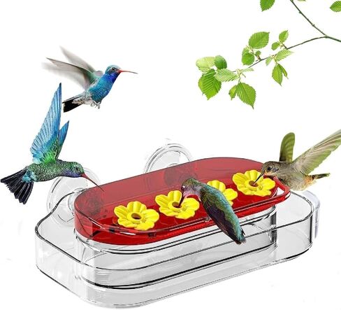 Window Hummingbird Feeder, Strong Suction Cup Hummingbird Feeder with 4 Feeding Ports, Plastic Hummingbird Feeders for Outdoors, Built-in Moat,Easy to Clean and Refil,1 Pack,10oz in Kuwait