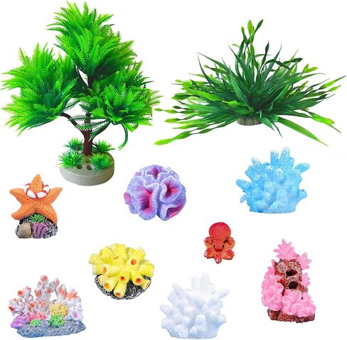 10-Piece Aquarium Decorating Set, Featuring Artificial Aquatic Plants and Mini Corals, Colorful Fish Tank Decorations, Made of PVC and Synthetic Resin in Kuwait