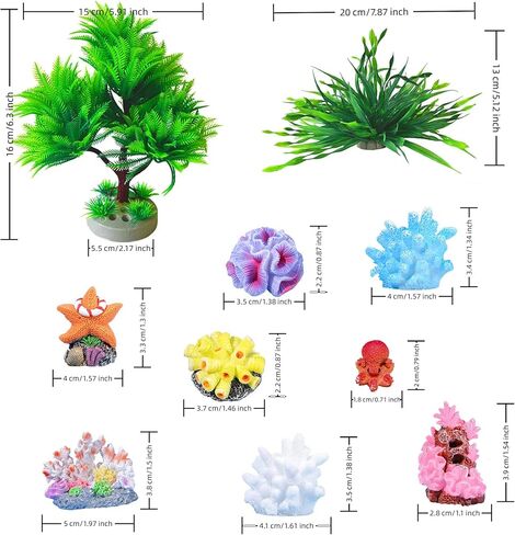 10-Piece Aquarium Decorating Set, Featuring Artificial Aquatic Plants and Mini Corals, Colorful Fish Tank Decorations, Made of PVC and Synthetic Resin in Kuwait