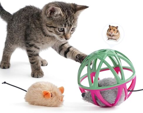Cat Toys for Indoor Cats - Interactive Ball Cage Cat Toy with Realistic Mice Sounds & 2 Catnip Plush Toys, Motion-Activated Hunting Simulation Toy for Cats in Kuwait