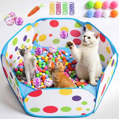 Cat Ball Pit with 200 Pom Pom Balls and Spring Toys, 39in Foldable Interactive Cat Toy for Bored Indoor Cats, Self Play Enrichment Toy for Fun and Exercise in Kuwait