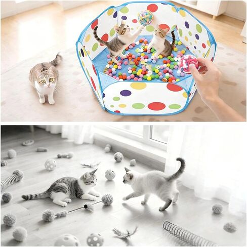 Cat Ball Pit with 200 Pom Pom Balls and Spring Toys, 39in Foldable Interactive Cat Toy for Bored Indoor Cats, Self Play Enrichment Toy for Fun and Exercise in Kuwait