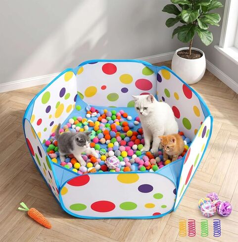 Cat Ball Pit with 200 Pom Pom Balls and Spring Toys, 39in Foldable Interactive Cat Toy for Bored Indoor Cats, Self Play Enrichment Toy for Fun and Exercise in Kuwait