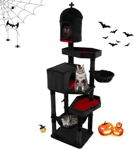 Tangkula Gothic Cat Tree, 83 Inch Tall Cat Tower with Sisal Covered Scratching Posts, 2 Coffin Beds, 2 Cat Condos, Hammock, Basket Bed, Halloween Pet Furniture, Black Goth Cat Tree for Indoor Cats in Kuwait