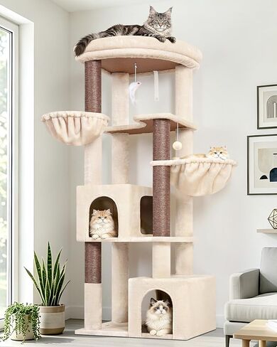 Globlazer 64in Corner Cat Tree for Large Indoor Cats, Space Saving Multi-Level Cat Tower with 2 Condos, 2 Hammocks, 4 Sisal Scratching Posts, C64, Beige in Kuwait