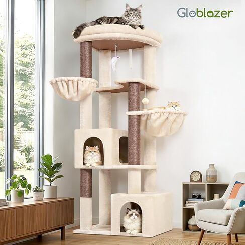 شجرة قطط زاوية 64 بوصة من Globlazer للقطط الداخلية الكبيرة، برج قطط متعدد المستويات موفر للمساحة مع شقتين، أرجوحتين، 4 أعمدة خدش من السيزال، C64، بيج in Kuwait