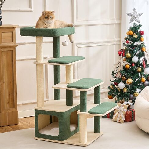 Modern Wood Cat Tree Tower for Large Cats - 43.5" Indoor Wooden Cat Condo with Sisal Scratching Posts, Washable Cushions, Large Top Perch & Easy Climb Steps for Elderly/Short-Legged Cats Multi-Cat Use in Kuwait