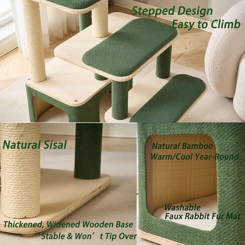 Modern Wood Cat Tree Tower for Large Cats - 43.5" Indoor Wooden Cat Condo with Sisal Scratching Posts, Washable Cushions, Large Top Perch & Easy Climb Steps for Elderly/Short-Legged Cats Multi-Cat Use in Kuwait