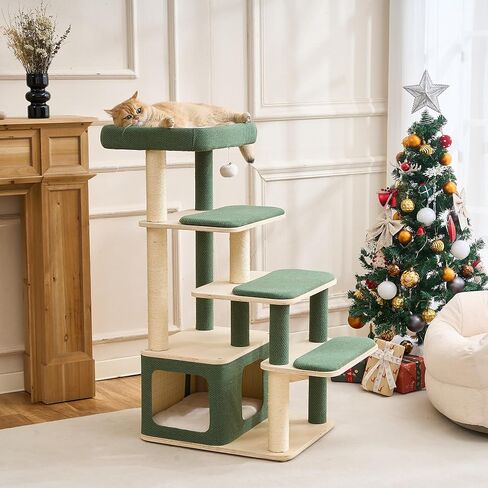 Modern Wood Cat Tree Tower for Large Cats - 43.5" Indoor Wooden Cat Condo with Sisal Scratching Posts, Washable Cushions, Large Top Perch & Easy Climb Steps for Elderly/Short-Legged Cats Multi-Cat Use in Kuwait