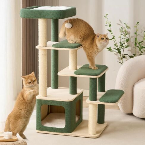 Modern Wood Cat Tree Tower for Large Cats - 43.5" Indoor Wooden Cat Condo with Sisal Scratching Posts, Washable Cushions, Large Top Perch & Easy Climb Steps for Elderly/Short-Legged Cats Multi-Cat Use in Kuwait