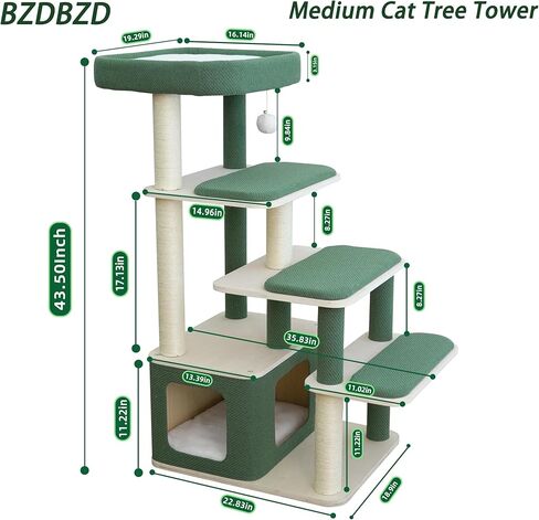 Modern Wood Cat Tree Tower for Large Cats - 43.5" Indoor Wooden Cat Condo with Sisal Scratching Posts, Washable Cushions, Large Top Perch & Easy Climb Steps for Elderly/Short-Legged Cats Multi-Cat Use in Kuwait