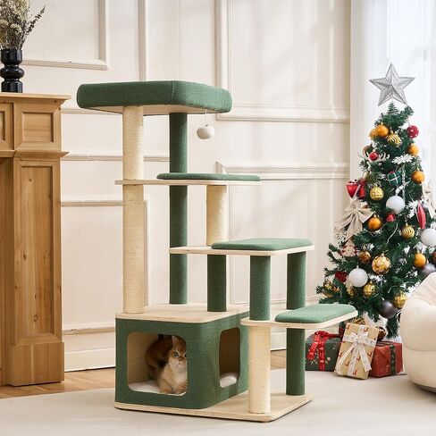 Modern Wood Cat Tree Tower for Large Cats - 43.5" Indoor Wooden Cat Condo with Sisal Scratching Posts, Washable Cushions, Large Top Perch & Easy Climb Steps for Elderly/Short-Legged Cats Multi-Cat Use in Kuwait