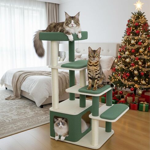 Modern Wood Cat Tree Tower for Large Cats - 43.5" Indoor Wooden Cat Condo with Sisal Scratching Posts, Washable Cushions, Large Top Perch & Easy Climb Steps for Elderly/Short-Legged Cats Multi-Cat Use in Kuwait