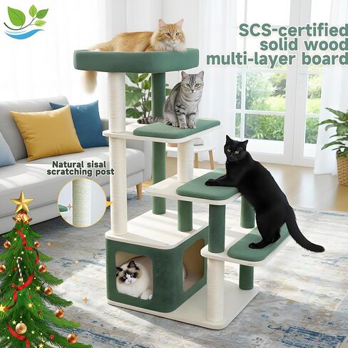Modern Wood Cat Tree Tower for Large Cats - 43.5" Indoor Wooden Cat Condo with Sisal Scratching Posts, Washable Cushions, Large Top Perch & Easy Climb Steps for Elderly/Short-Legged Cats Multi-Cat Use in Kuwait