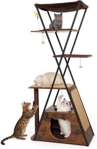 71" Modern Wood Cat Tree for Large Cats - Heavy Duty Tall Cat Tower for Indoor Cats, Multi-Level Cat Furniture with Spacious Condo, Large Perch, Scratching Posts & Hammock(Washed Grey) in Kuwait