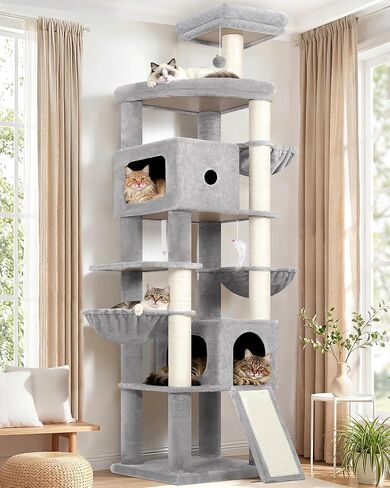 Globlazer 83in Heavy Duty Cat Tree, Giant Cat Tower with 2 Condos & 3 Hanging Baskets, Multi-Level Tall Cat Condo for Large Adult Cats, 7 Scratching Posts, F83C, Beige in Kuwait