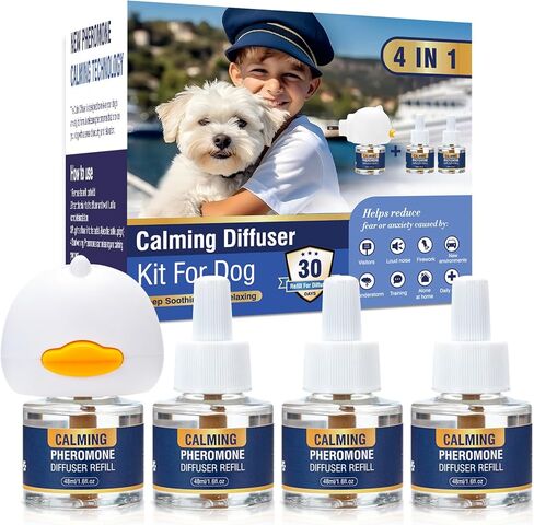 Dog Pheromone Calming Diffuser 4 In 1 Appeasing Pet Pheromones Diffuser to Calm Kit (Plug in+ 3 Pack 48ml Refill) for Anxiety Relief Reduce Barking Aggression Fighting Stress 90 Day Supply(Tasteless) in Kuwait