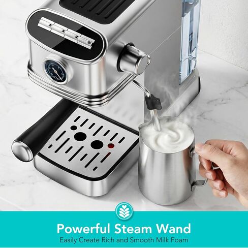 Electactic Espresso Machine 20 Bar, Stainless Steel Espresso Maker with Steam Milk Frother, Compact Coffee Machine with 45oz Removable Water Tank, for Cappuccino,Latte&Cold Brew Home&Office in Kuwait