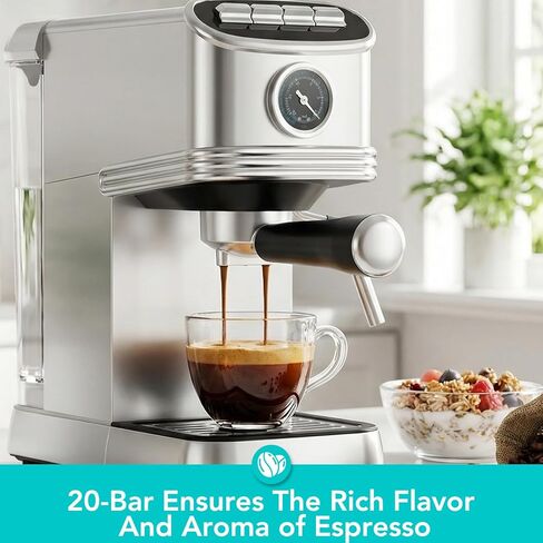 Electactic Espresso Machine 20 Bar, Stainless Steel Espresso Maker with Steam Milk Frother, Compact Coffee Machine with 45oz Removable Water Tank, for Cappuccino,Latte&Cold Brew Home&Office in Kuwait