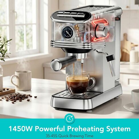 Electactic Espresso Machine 20 Bar, Stainless Steel Espresso Maker with Steam Milk Frother, Compact Coffee Machine with 45oz Removable Water Tank, for Cappuccino,Latte&Cold Brew Home&Office in Kuwait