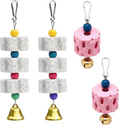 Premium 4pcs Bird Beak Grinding Stone, Natural Calcium Block for Birds, Fun Parakeet Chew Toys with Bells, Cockatiel Cage Accessories in Kuwait