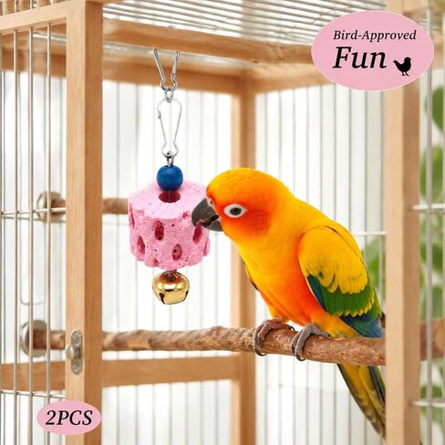 Premium 4pcs Bird Beak Grinding Stone, Natural Calcium Block for Birds, Fun Parakeet Chew Toys with Bells, Cockatiel Cage Accessories in Kuwait