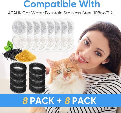 Upgrade Cat Water Filter Replacement Compatible with APAUK 108oz/3.2L Cat Fountain, Individually Packaged,Triple Filtration Carbon Filters for Pet Fountain, Includes 8 Filters and 8 Sponges in Kuwait