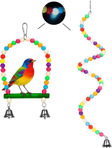 2PCs Swing Parrot Toy Spiral Perch Bird Cage Toy Colorful Wood and Glow Beads with Metal Bell for Small to Regular Parrot Parakeets,Macaw,Conure, Cockatiel, Finchess in Kuwait